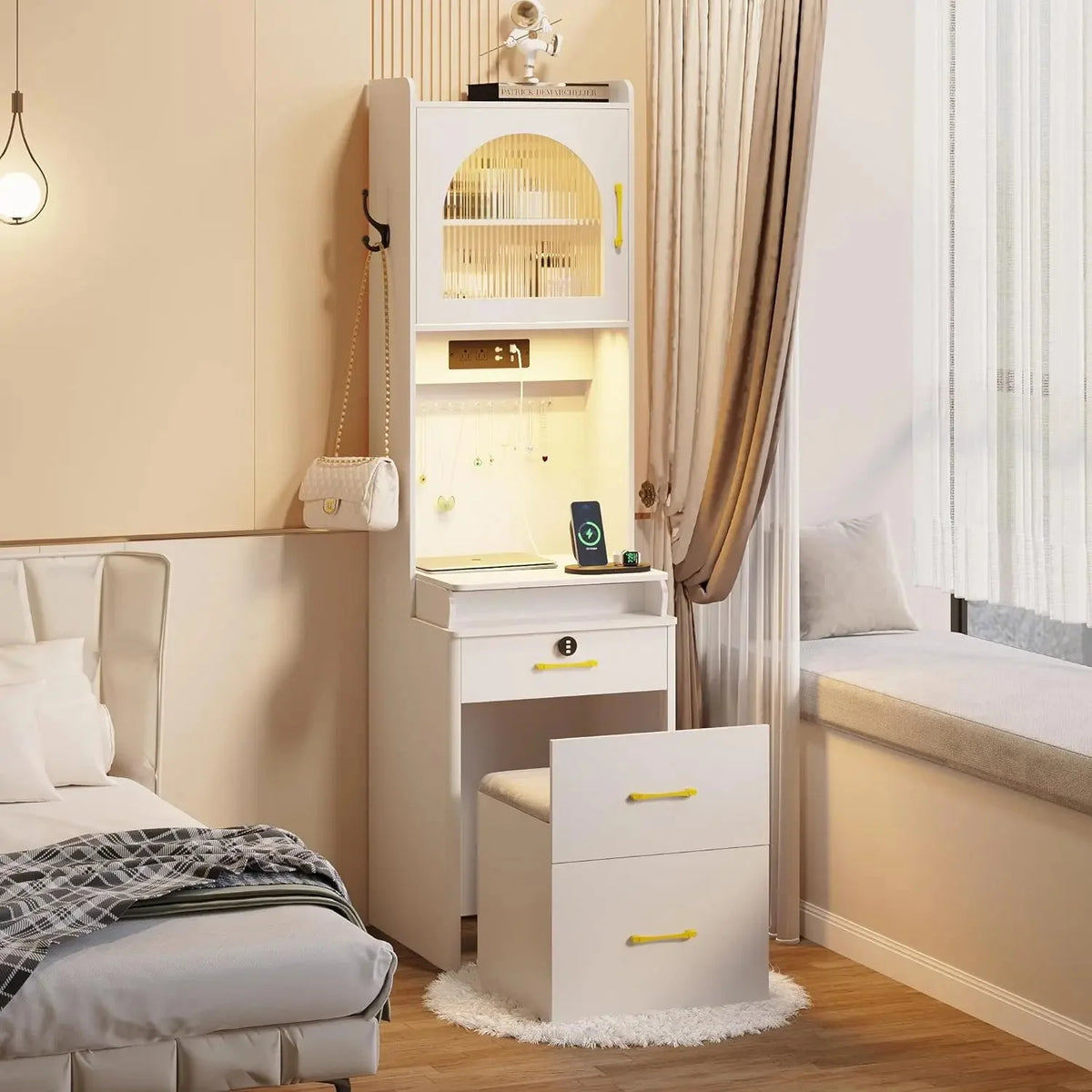 White Small Vanity Desk with Mirror and Lights N259812
