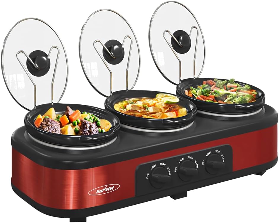 Red Triple Slow Cooker, 3 x 1.5 Quart, Stainless Steel, 4.5 QT K384