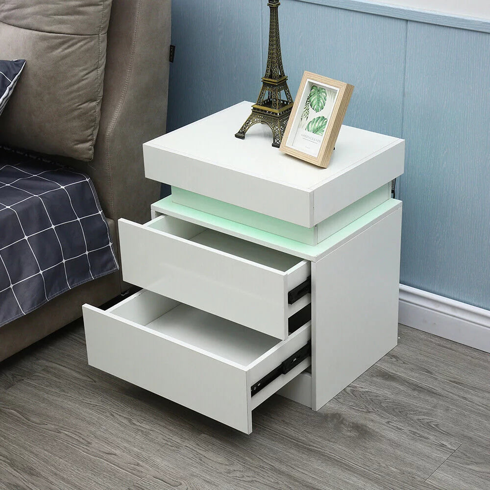 Beige White 2 Drawer High Gloss Nightstand R944