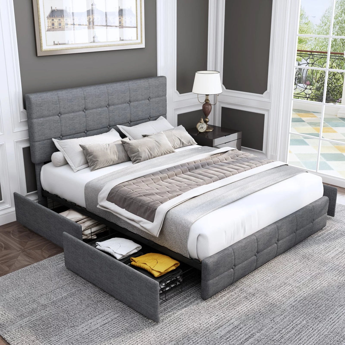 Queen Size Light Grey Upholstered Platform Bed with 4 Storage Drawers C73910