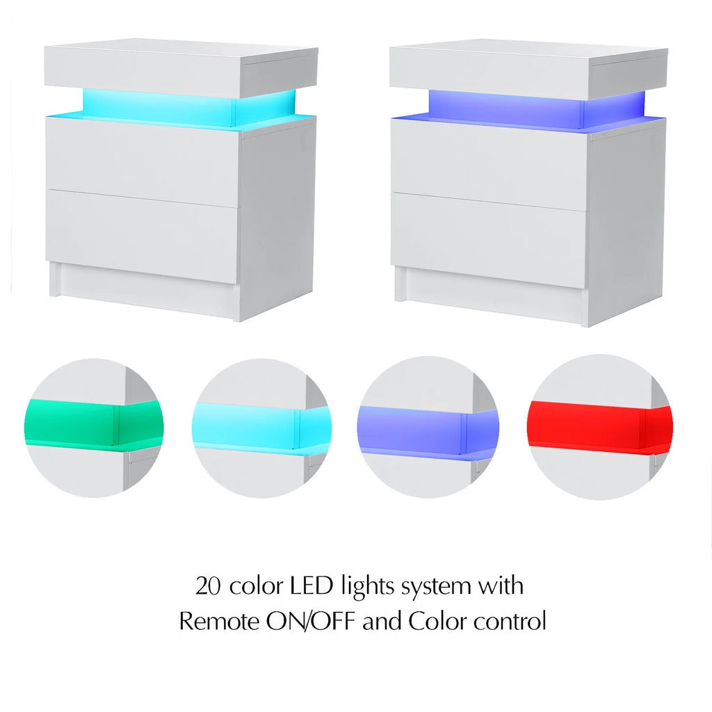 White 2 Drawer High Gloss Nightstand with LED Light P59654