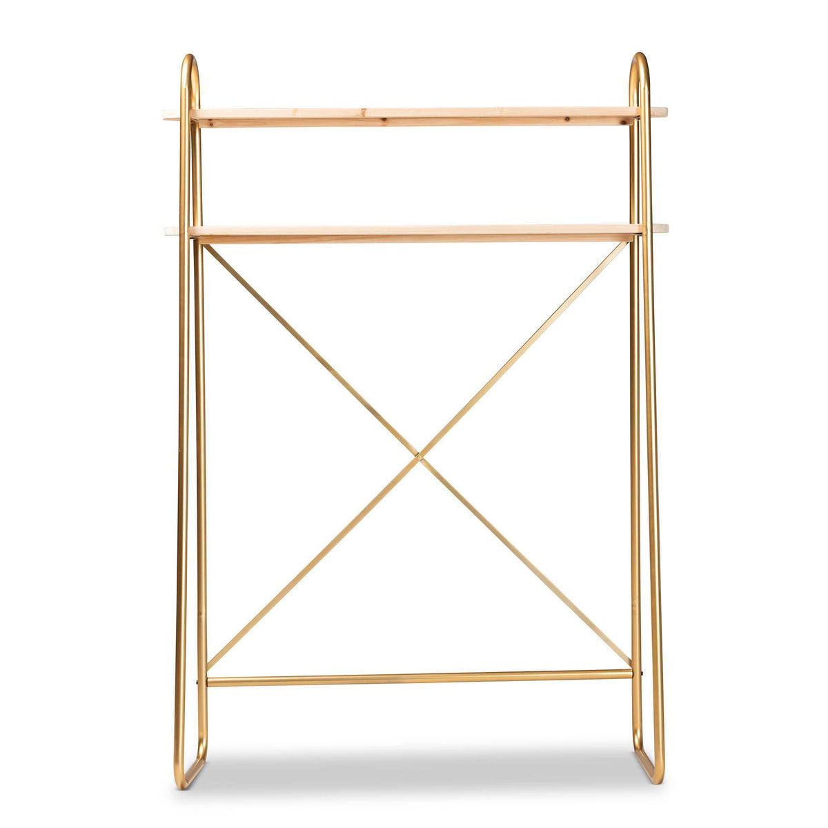 Brushed Gold Finished Metal and Natural Brown Finished Wood 2-Tier Over Bed Twin Size Storage I91843