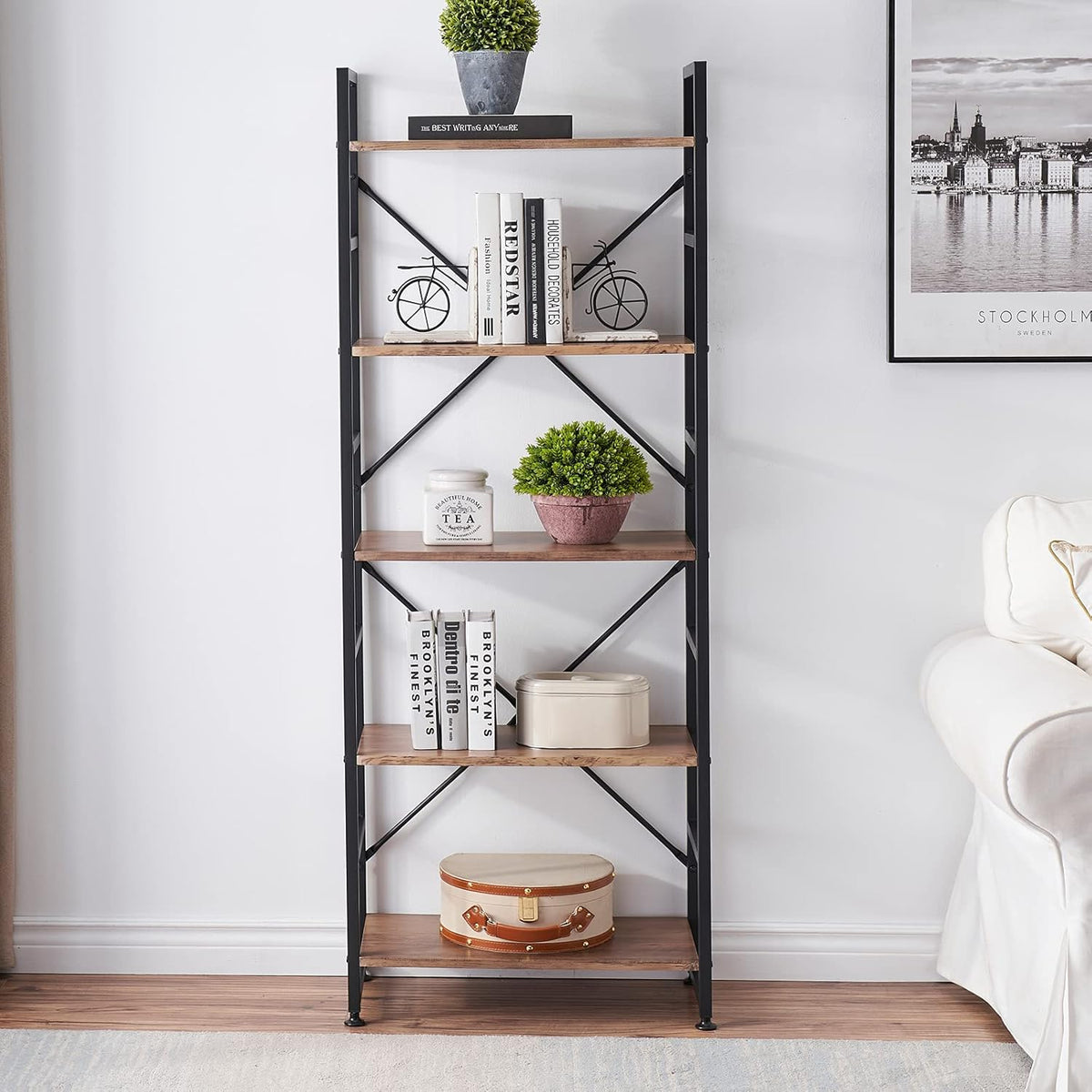 5 Tier Wood Bookshelf with Metal Frame Y278