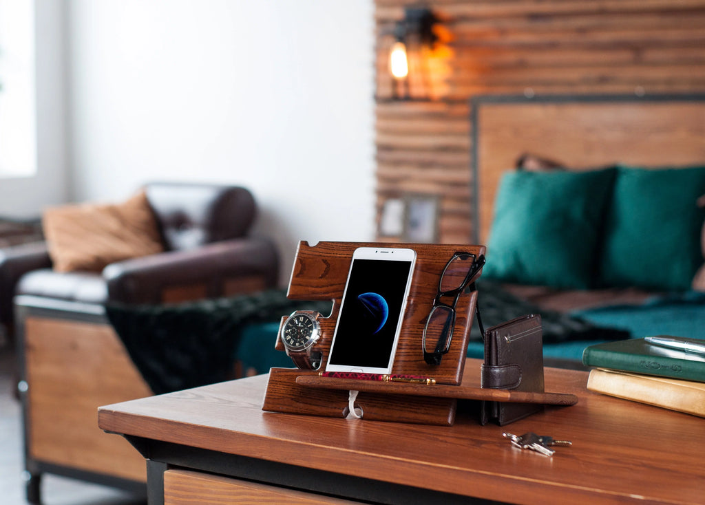 Wood Phone Docking Station Key Holder Wallet Stand Watch Organizer H640545