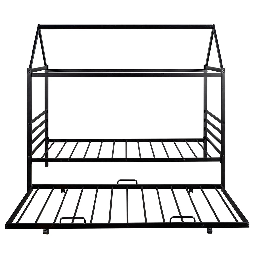 Twin Size Black Metal House Shape Platform Bed with Trundle I2663