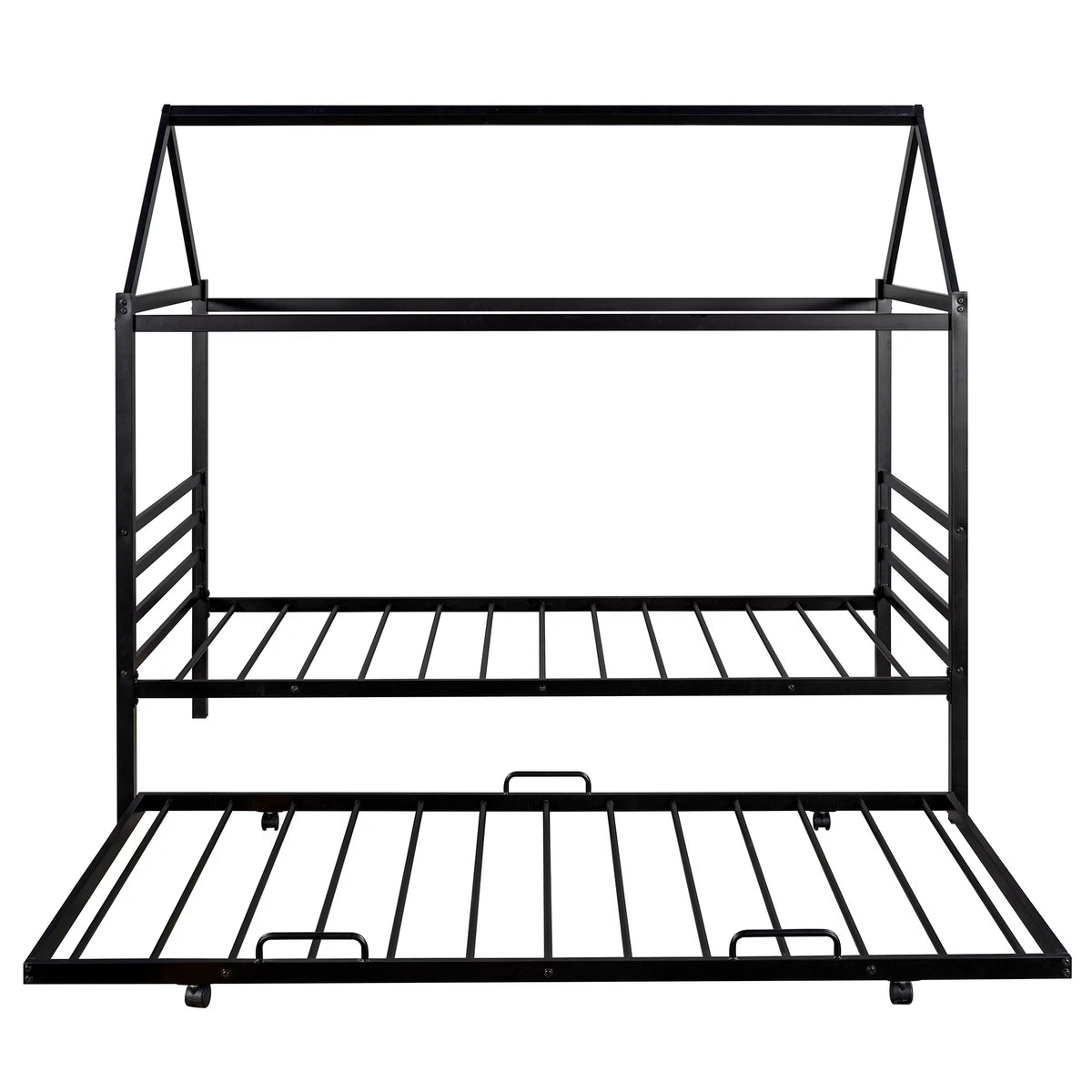 Twin Size Black Metal House Shape Platform Bed with Trundle I2663