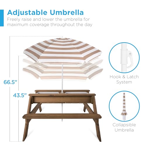 Kids 3-in-1 Sand & Water Table Wood Picnic Table with Umbrella H4615
