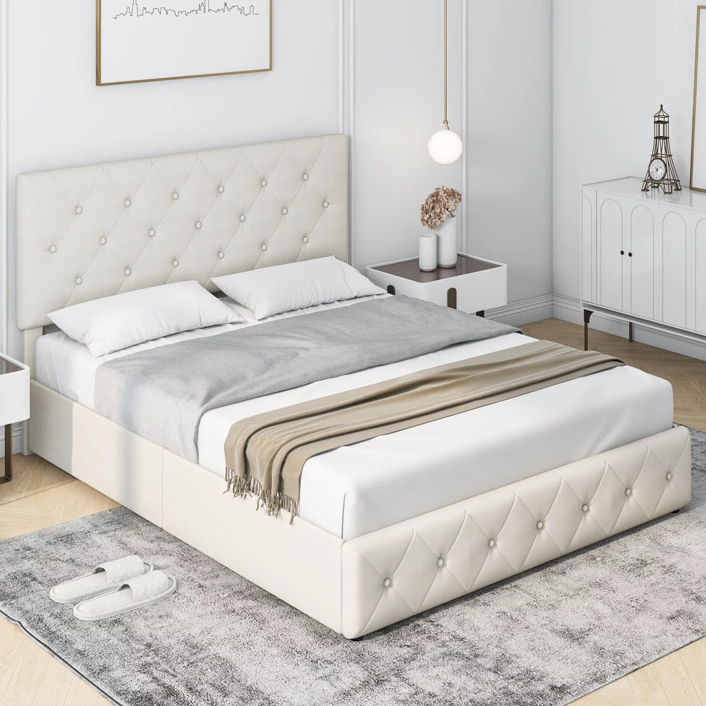 Queen Size Light Grey Upholstered Platform Bed with 4 Storage Drawers C73910