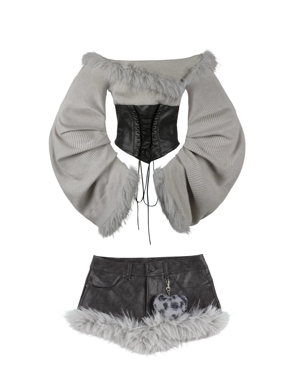 Faux Fur Off-Shoulder Long Sleeve Top + Shorts Set G645