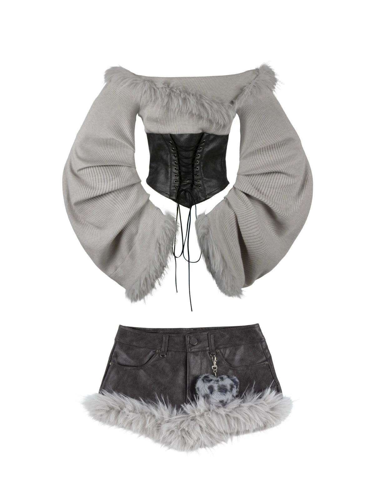 Faux Fur Off-Shoulder Long Sleeve Top + Shorts Set G645