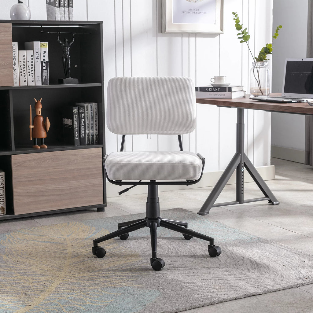 White Corduroy Swivel Desk Chair with Wheels P15924