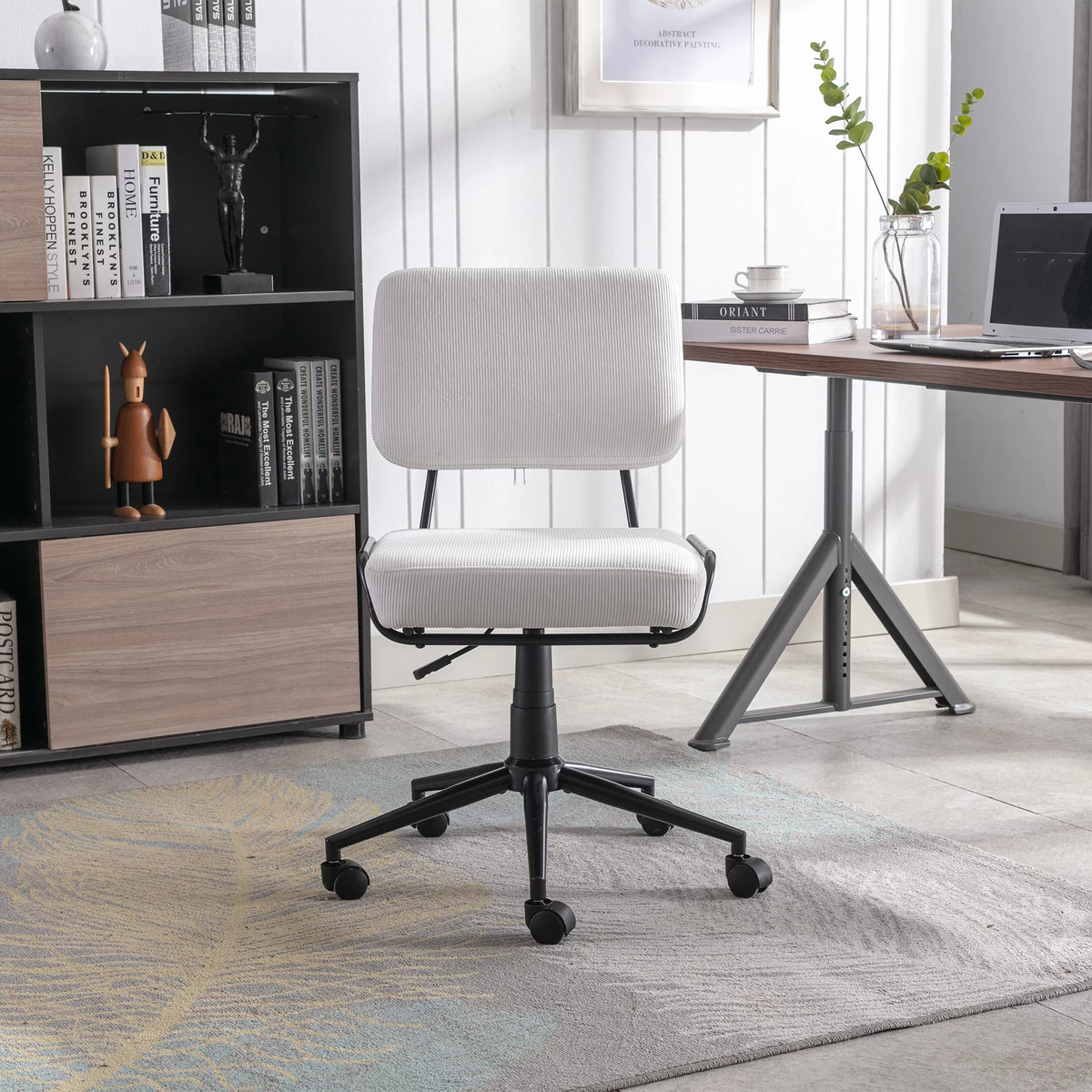 White Corduroy Swivel Desk Chair with Wheels P15924