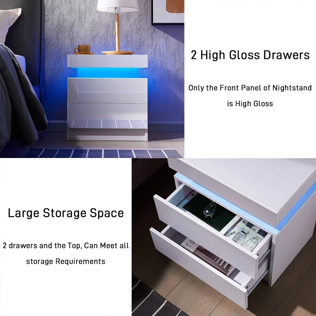 White 2 Drawer High Gloss Nightstand with LED Light P59654