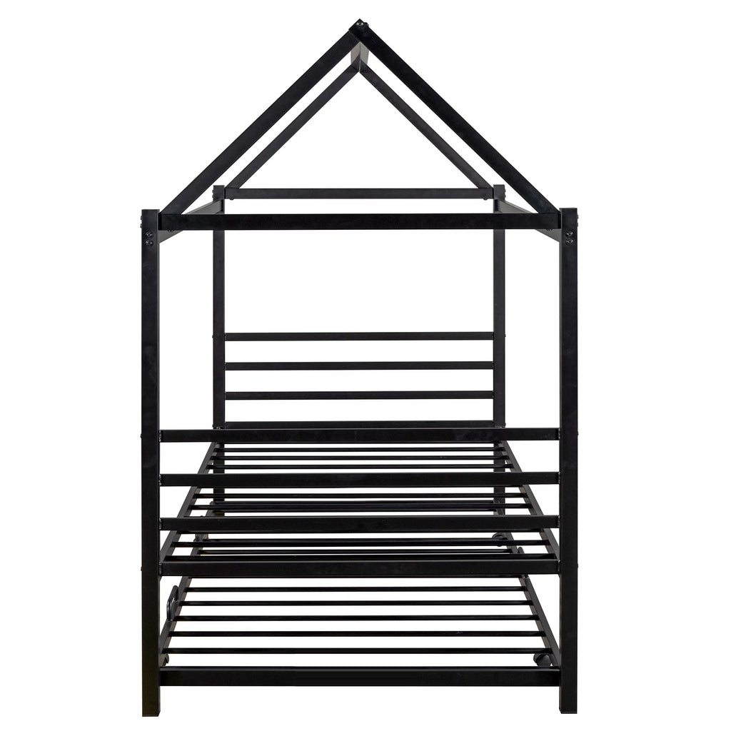Twin Size Black Metal House Shape Platform Bed with Trundle I2663