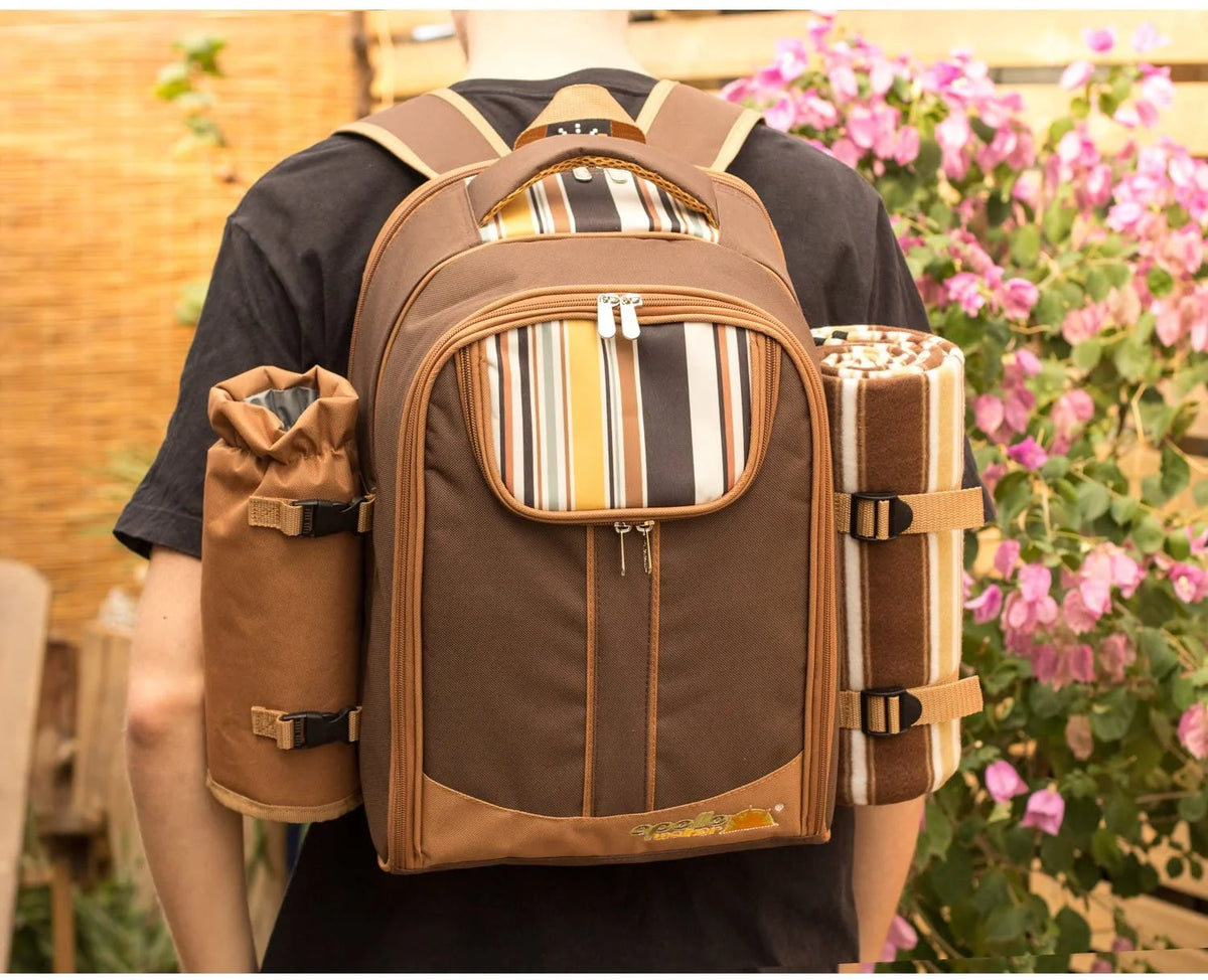 Picnic Backpack for 2 Person with Cooler Compartment, Fleece Blanket, Plates and Cutlery, Brown W105241