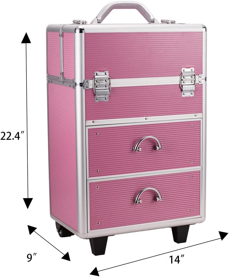 Rolling 4 Tiers Lockable Aluminum Makeup Travel Organizer Cosmetic Case Rose Pink Q185163