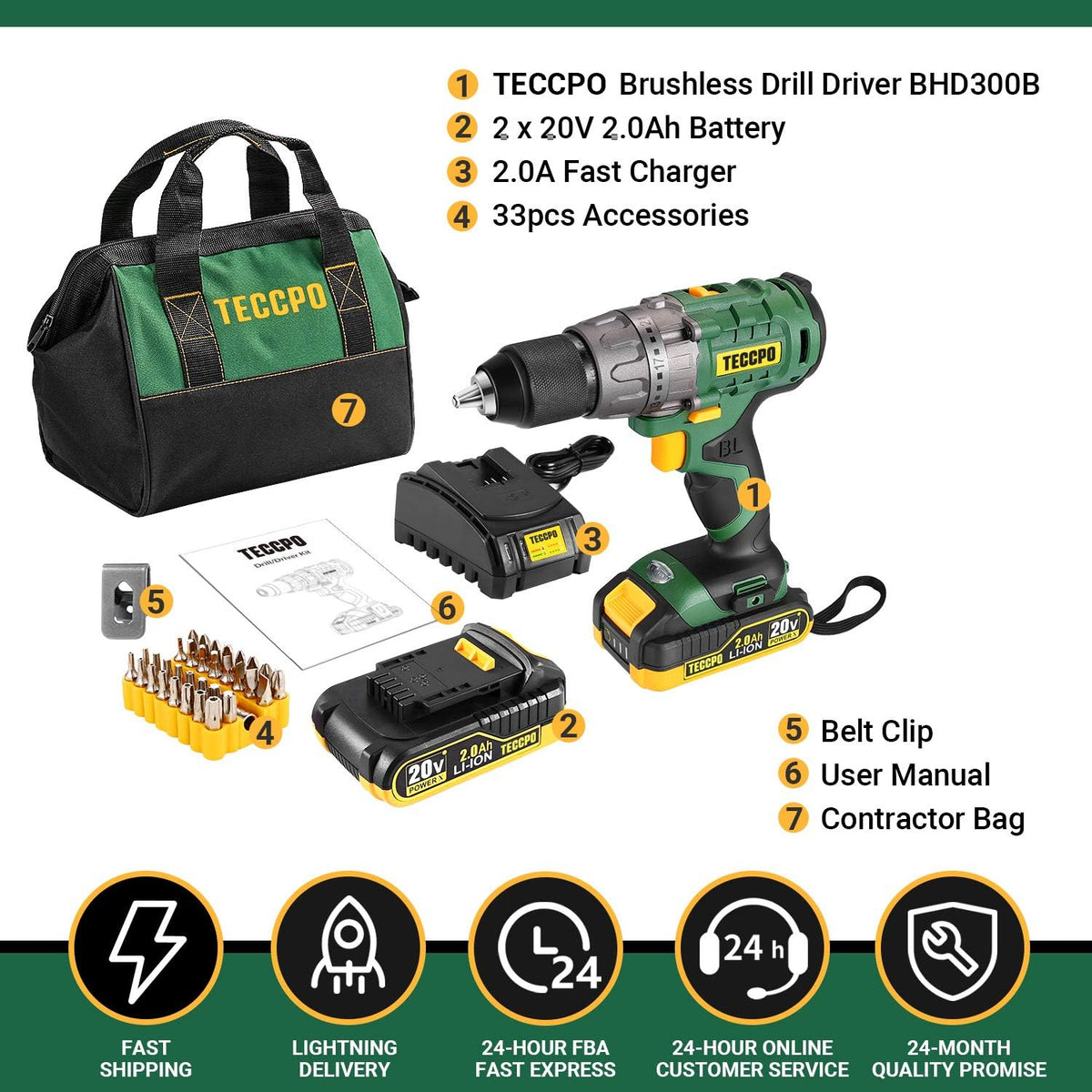20V Brushless Cordless Drill Driver Kit with 2x 2.0Ah Batteries and 33pcs Accessories T18228
