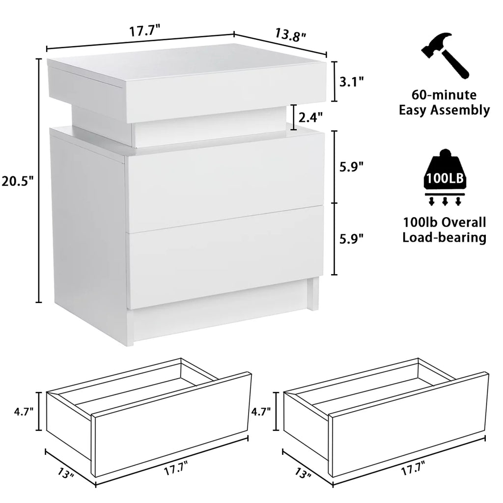 White 2 Drawer High Gloss Nightstand with LED Light P59654