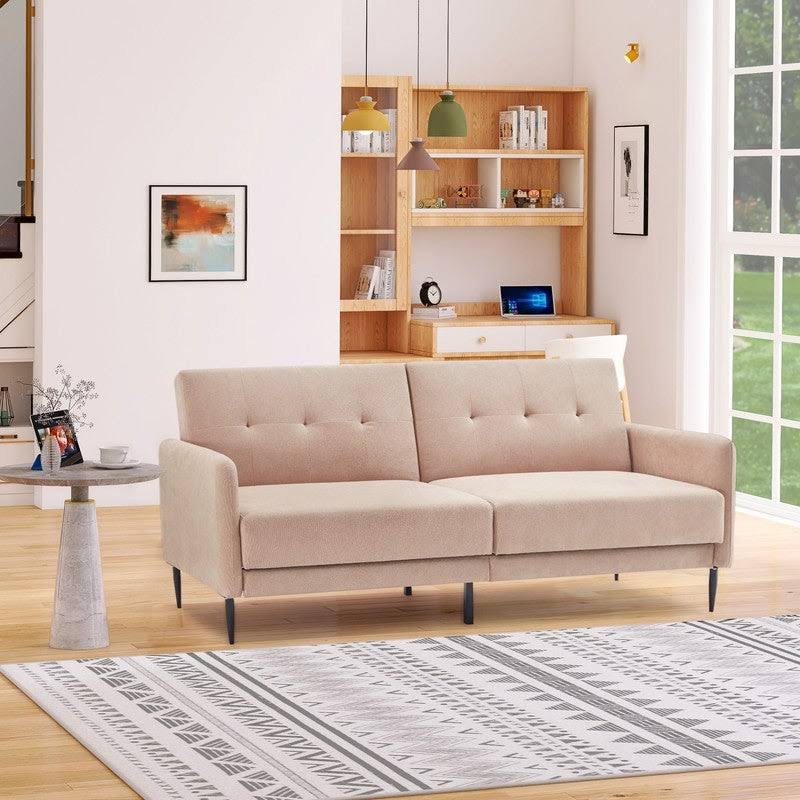 Beige Linen Fabric Folding Futon Sofa Bed with Metal Leg M411620