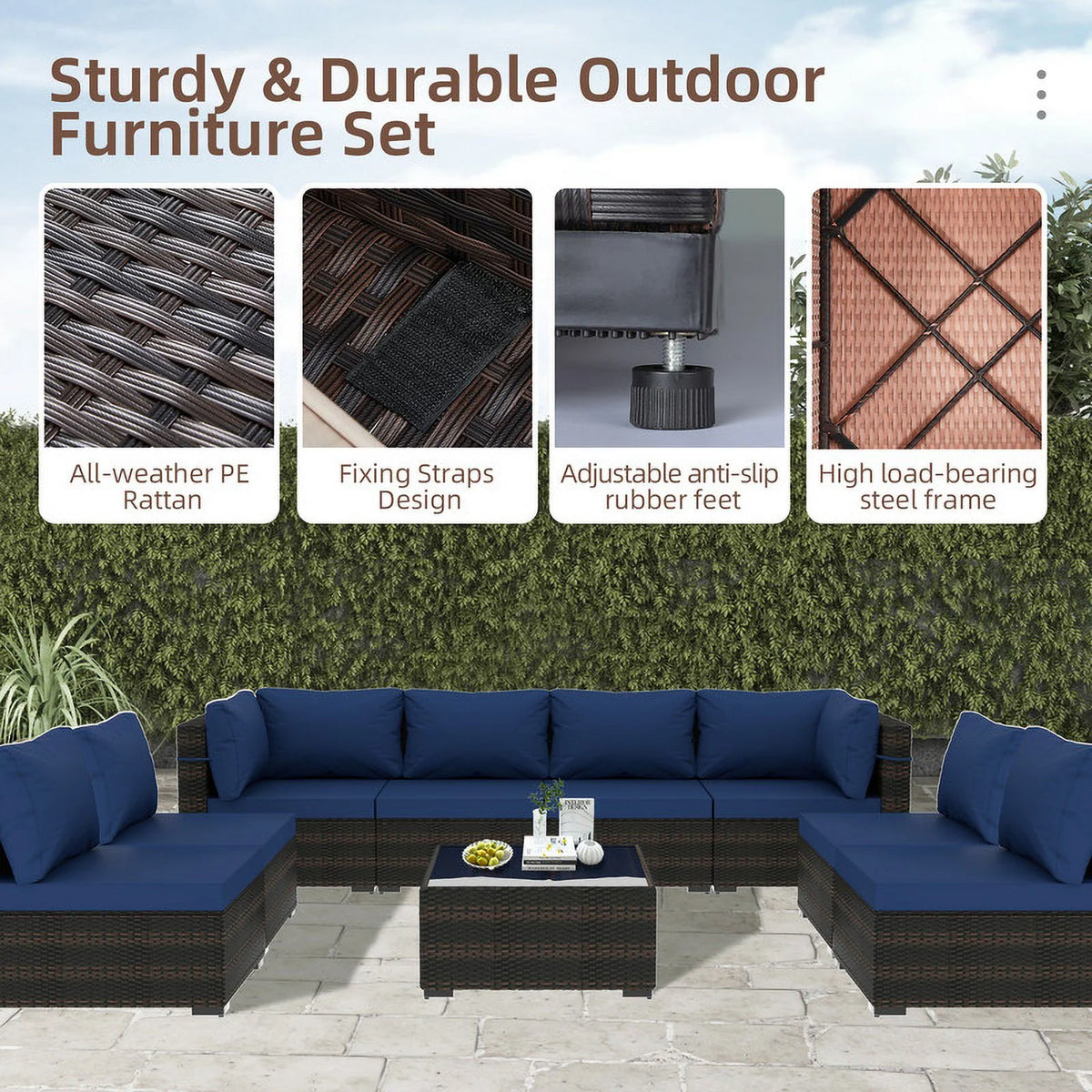 9 Piece PE Rattan Patio Furniture Set with Cushion and Glass Table L56653