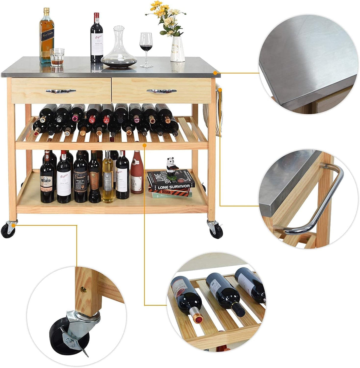 Kitchen Island Cart with Wheels Stainless Steel Counter Top 3 Tier Rolling F580412