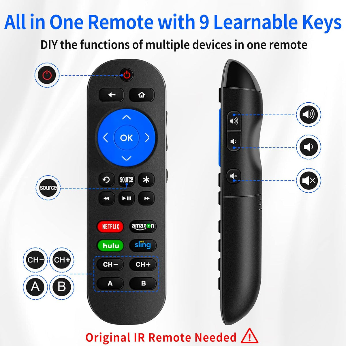 Remote for Roku with Volume Key and 9 Learning Keys G387