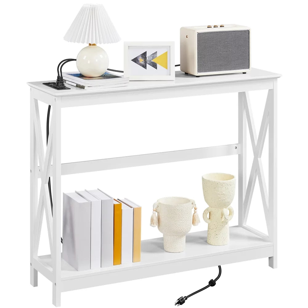 White 2-Tier Wooden Console Table with Power Outlet I636076