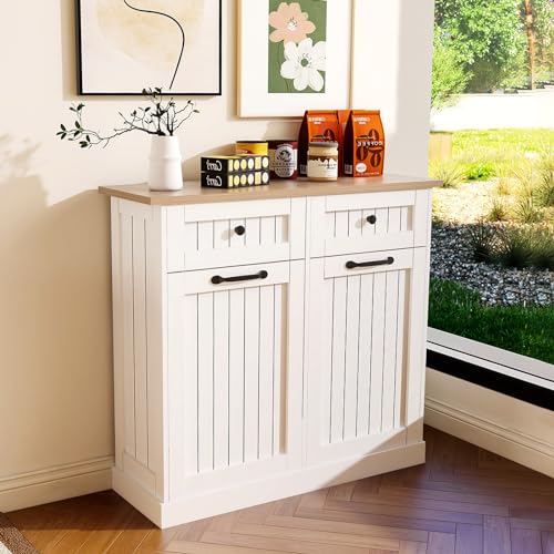 White Double Tilt Out Trash Cabinet with Pull-Out Drawers M12903