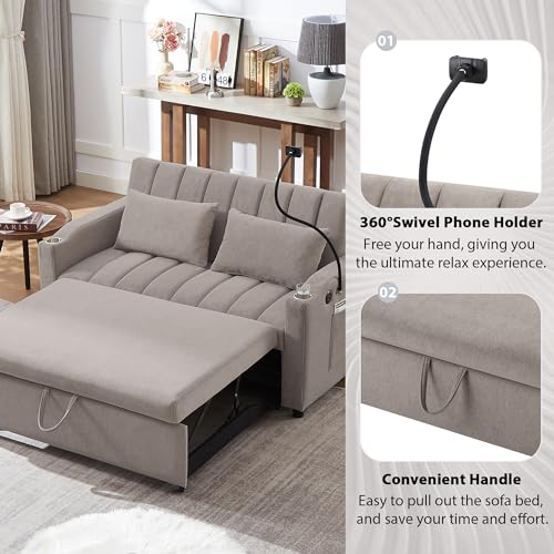 Beige 3 in 1 Convertible Single Sofa Bed Lounger Chair with Pillow and Adjustable Backrest V26782