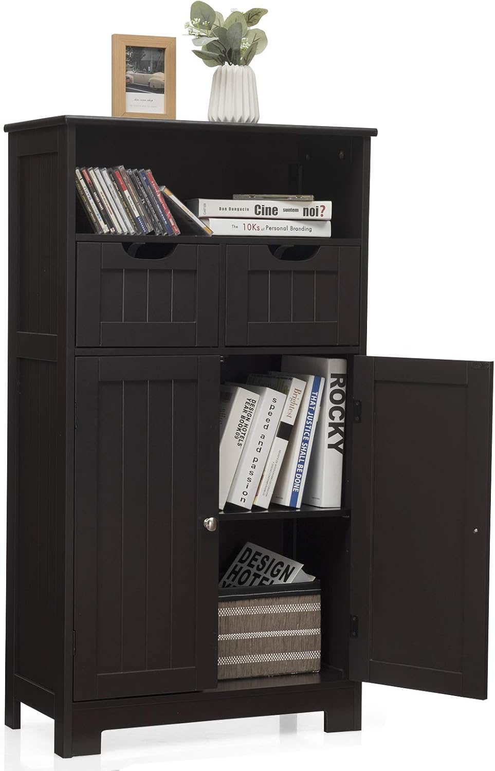 Espresso Bathroom Floor Cabinet with Two Doors and Two Adjustable Drawers O63996