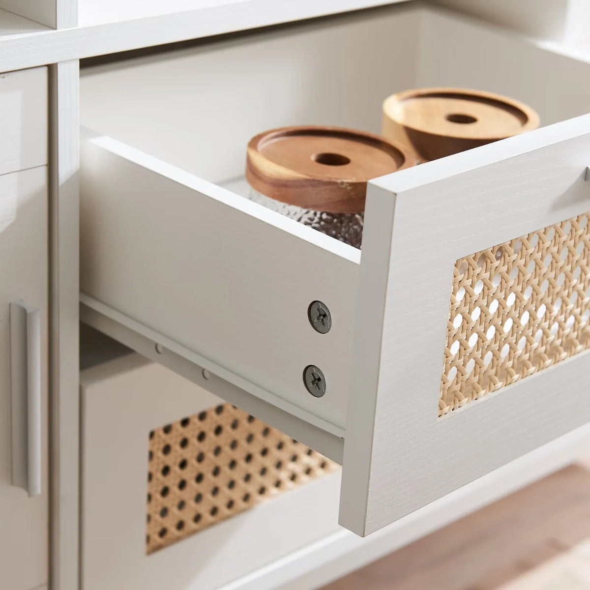 White Buffet Sideboard Cabinet with Acrylic Doors and Rattan Drawer U53350
