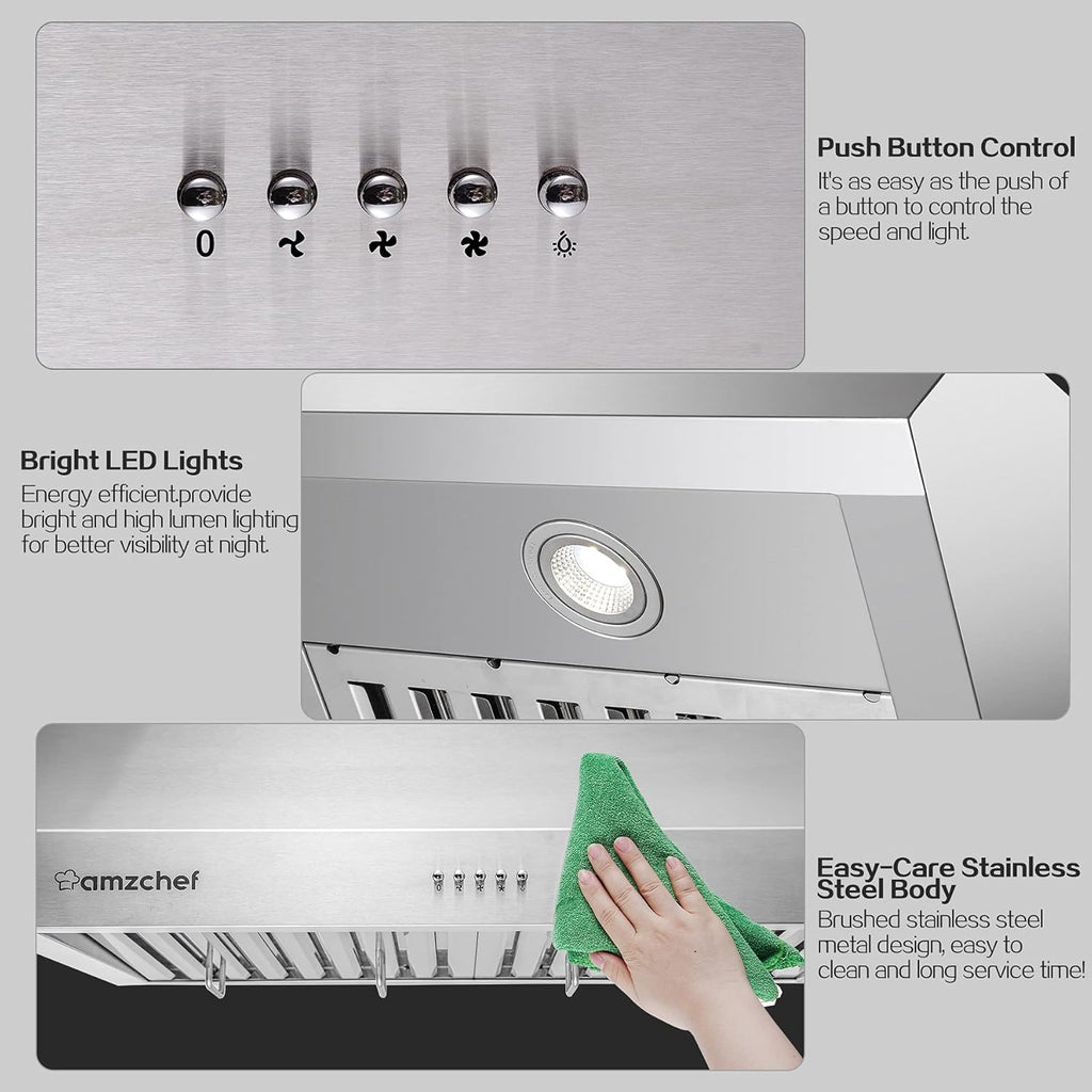 Stainless Steel Under Cabinet Range Hood 700CFM 3 Speed Fan LED Lights A11525