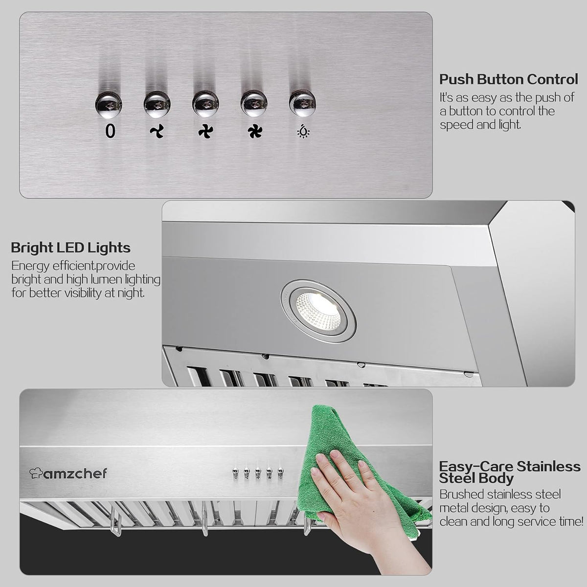 Stainless Steel Under Cabinet Range Hood 700CFM 3 Speed Fan LED Lights A11525