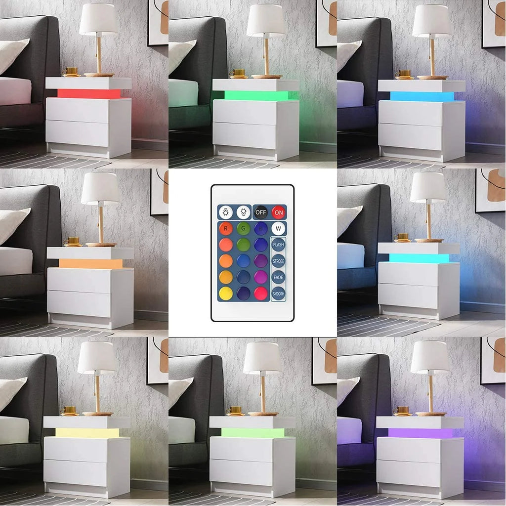 White 2 Drawer High Gloss Nightstand with LED Light P59654