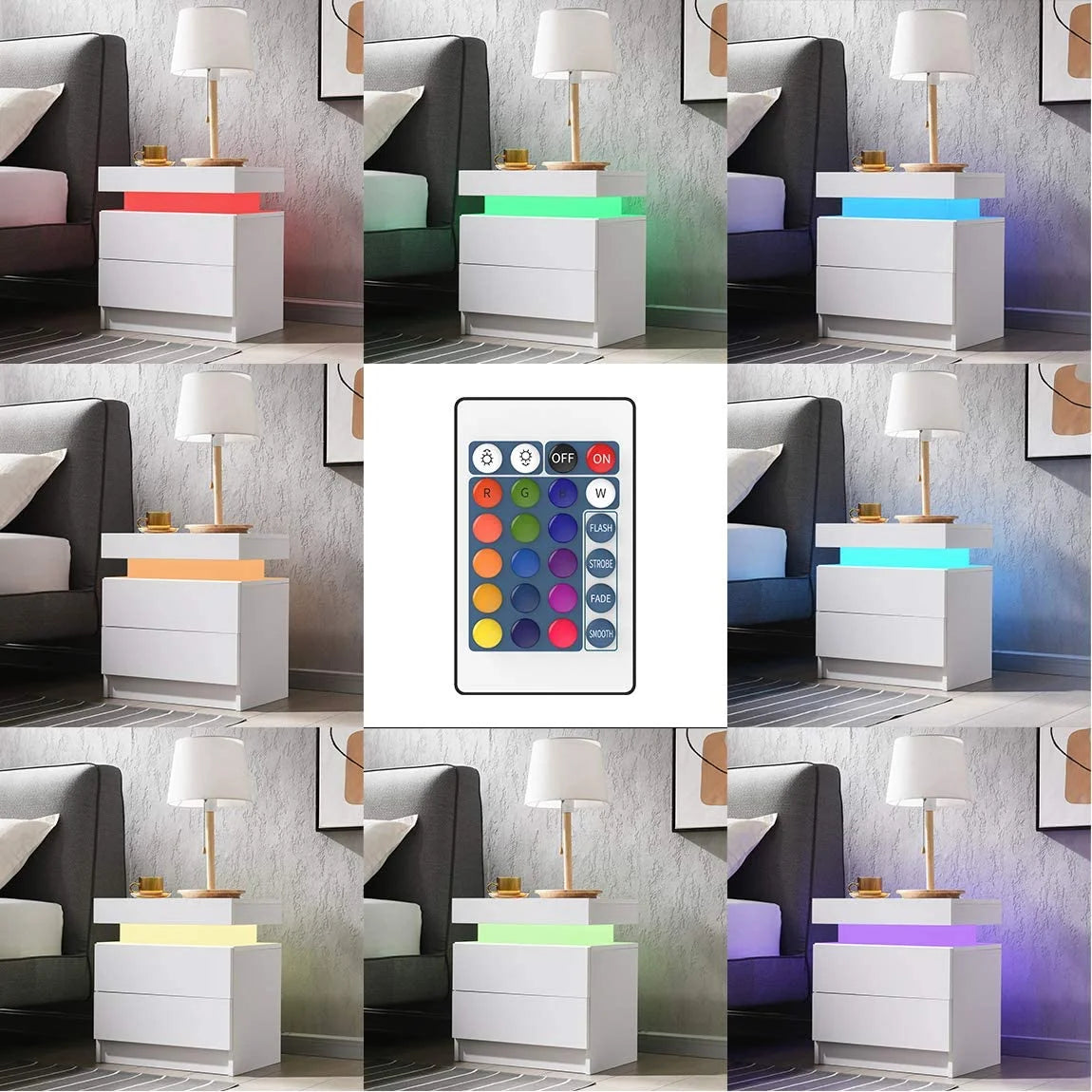 White 2 Drawer High Gloss Nightstand with LED Light P59654