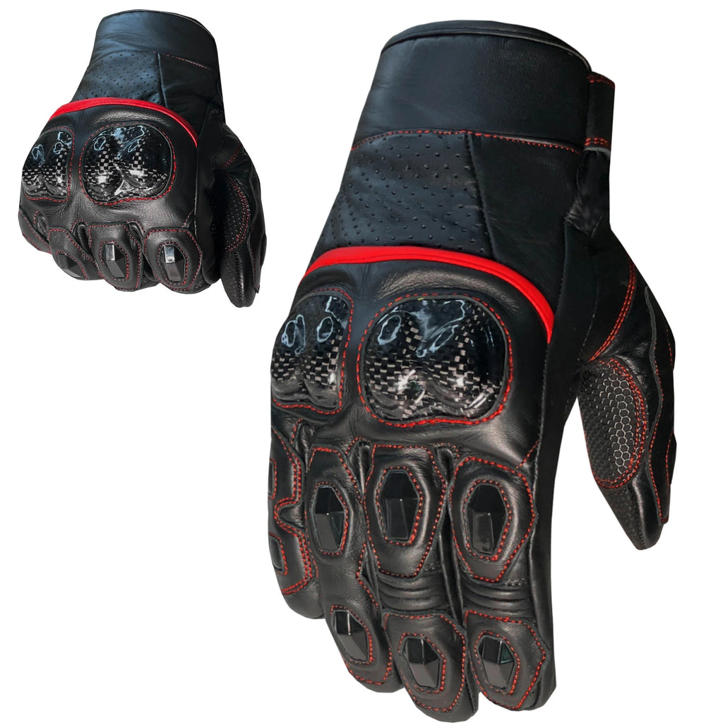 Black Red Leather Motorcycle Biker Gloves T684