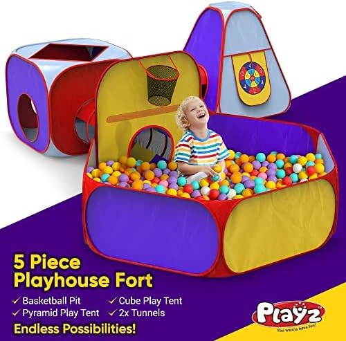 5pc Kids Playhouse Jungle Gym with Pop Up Tents, Tunnels, and Basketball Pit with Zipper Storage Case P875