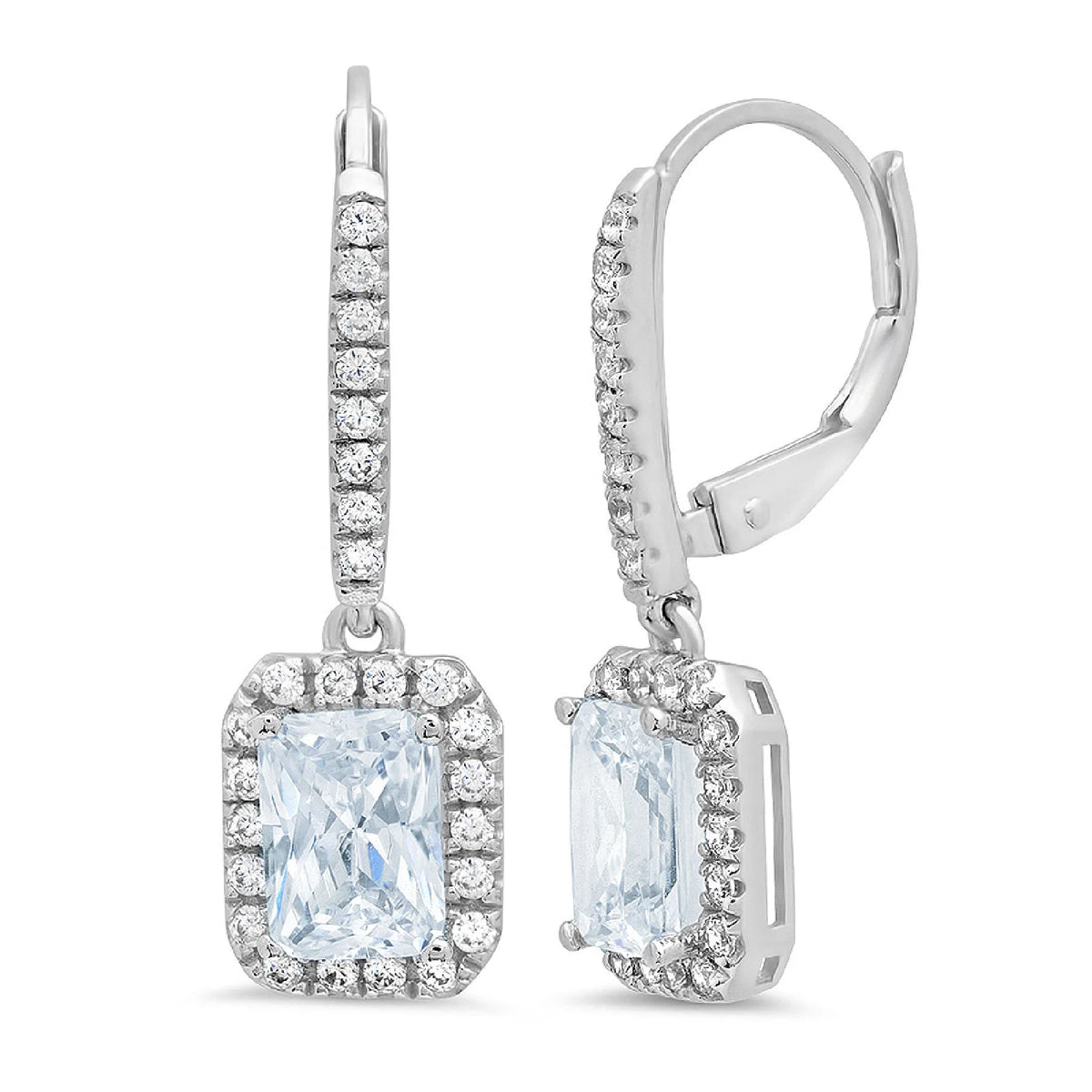 14K White Gold Emerald Cut Halo Drop Dangle Earrings C5762