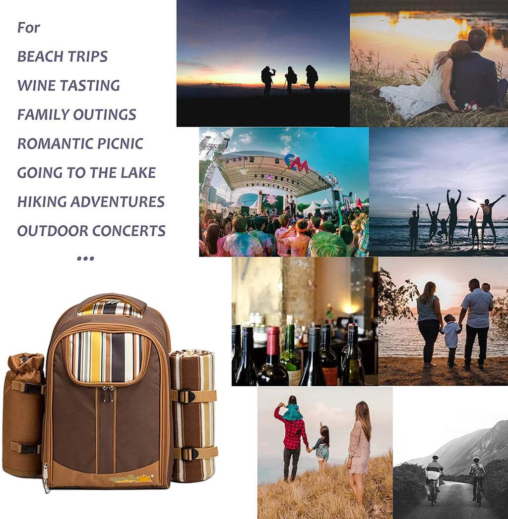 Picnic Backpack for 2 Person with Cooler Compartment, Fleece Blanket, Plates and Cutlery, Brown W105241