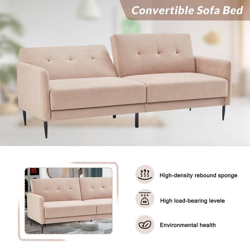 Beige Linen Fabric Folding Futon Sofa Bed with Metal Leg M411620