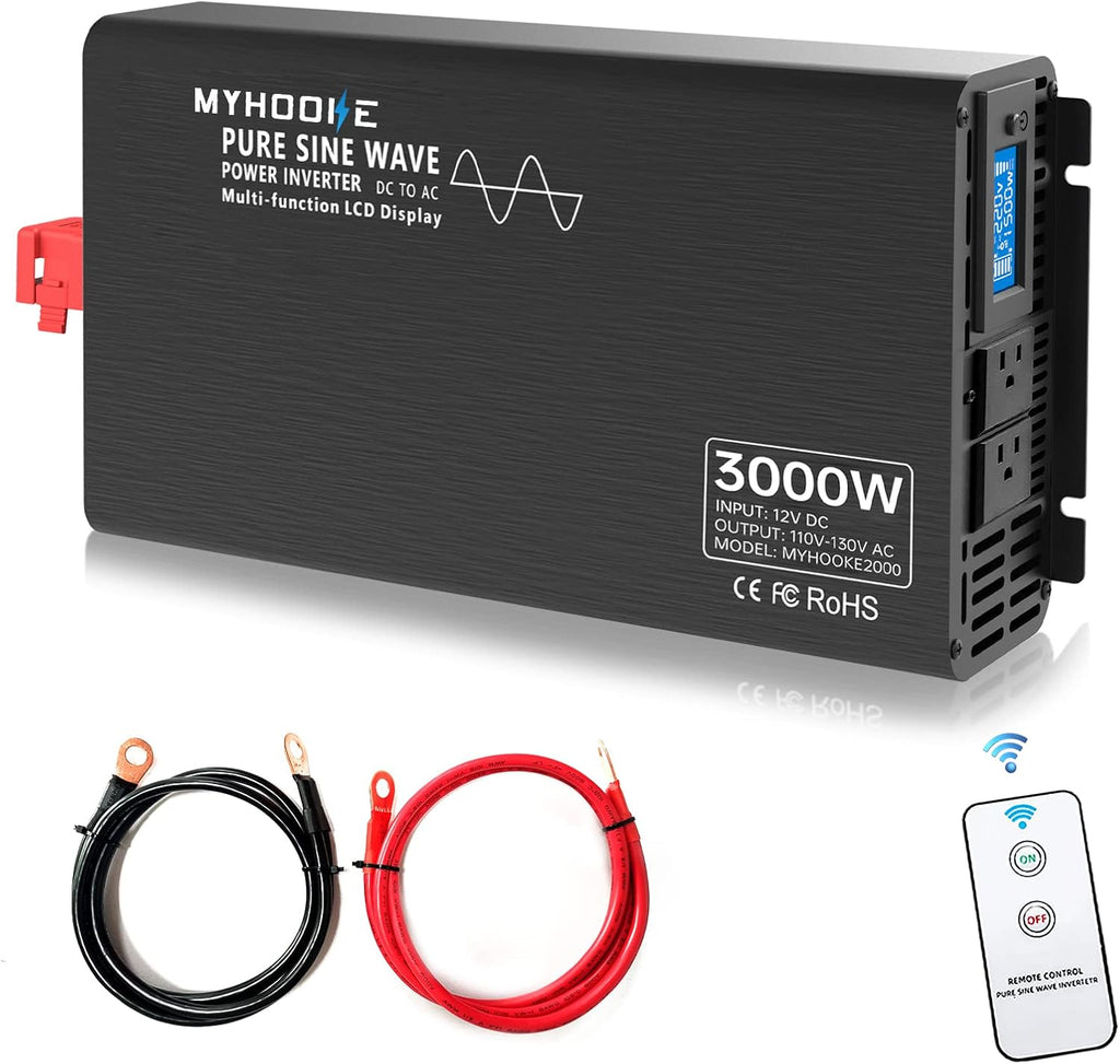 3000W Pure Sine Wave Power Inverter DC 12V to AC 110V-130V with Wireless Remote Control and LCD Display P9717