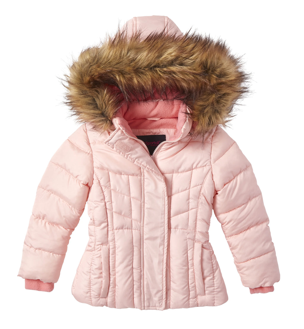 Girls Quilted Fleece Lined Winter Puffer Jacket Coat Faux Fur Trim Zip-Off Hood Blush 14/16 X3481