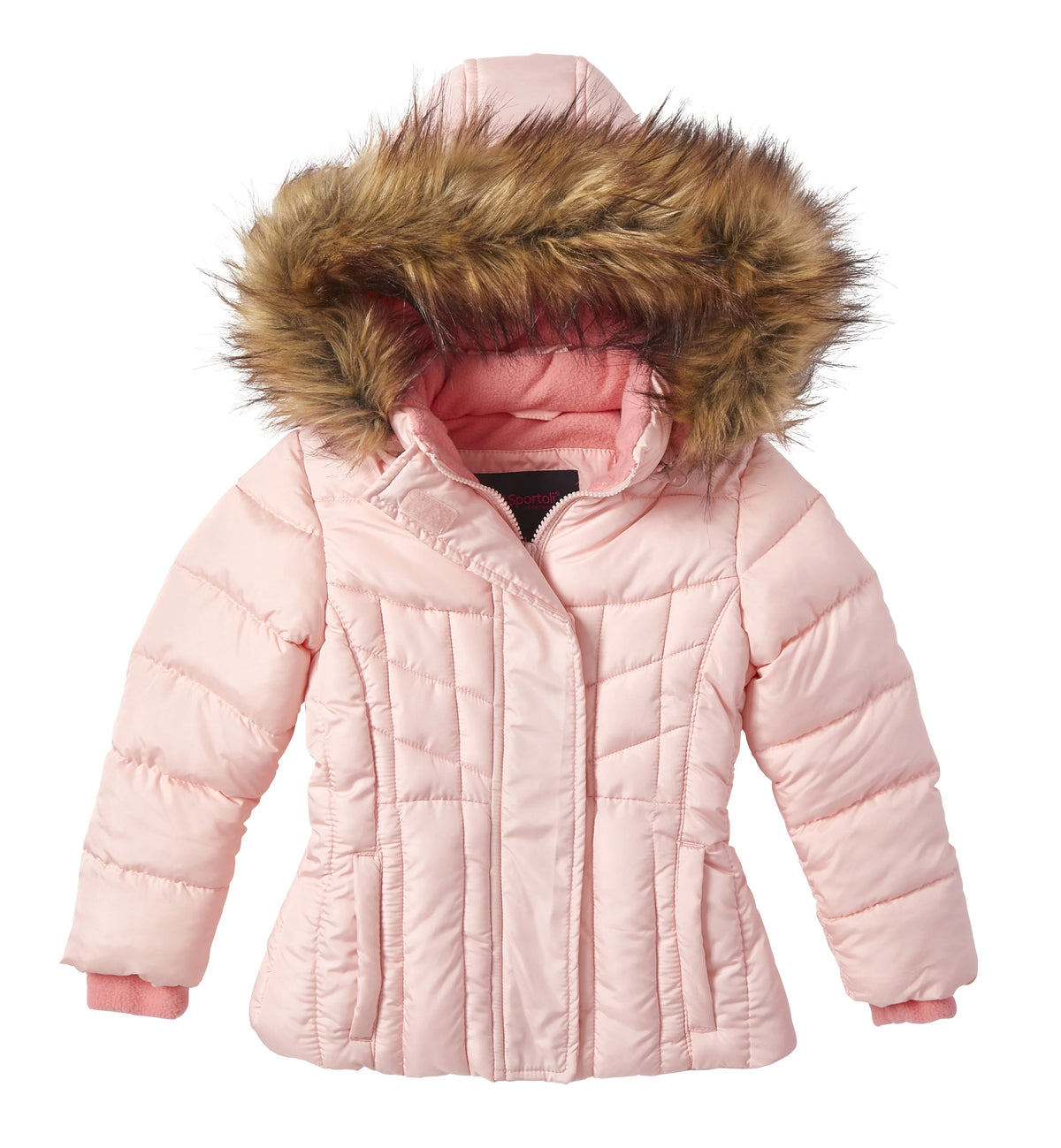 Girls Quilted Fleece Lined Winter Puffer Jacket Coat Faux Fur Trim Zip-Off Hood Blush 14/16 X3481