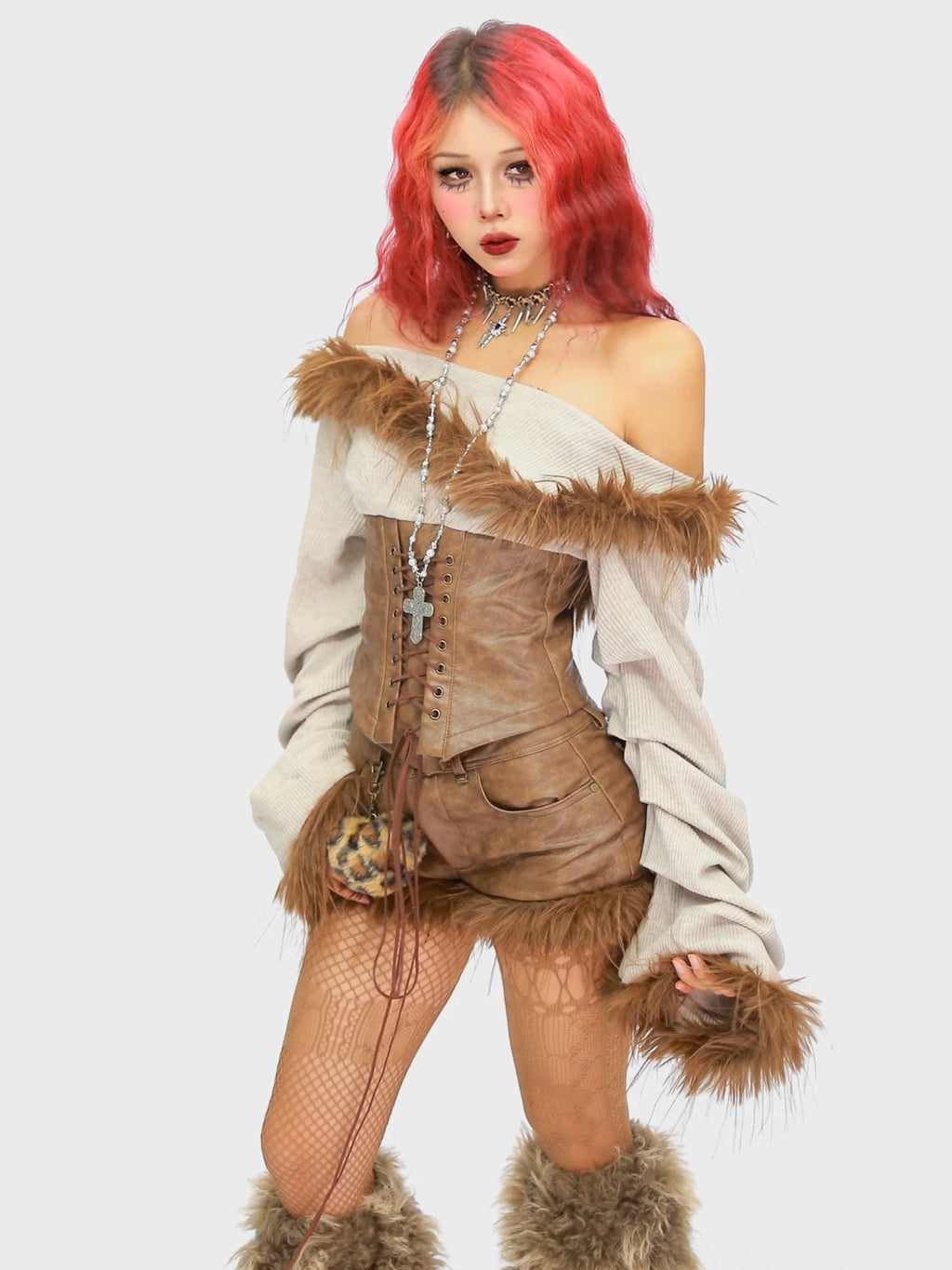 Faux Fur Off-Shoulder Long Sleeve Top + Shorts Set G645