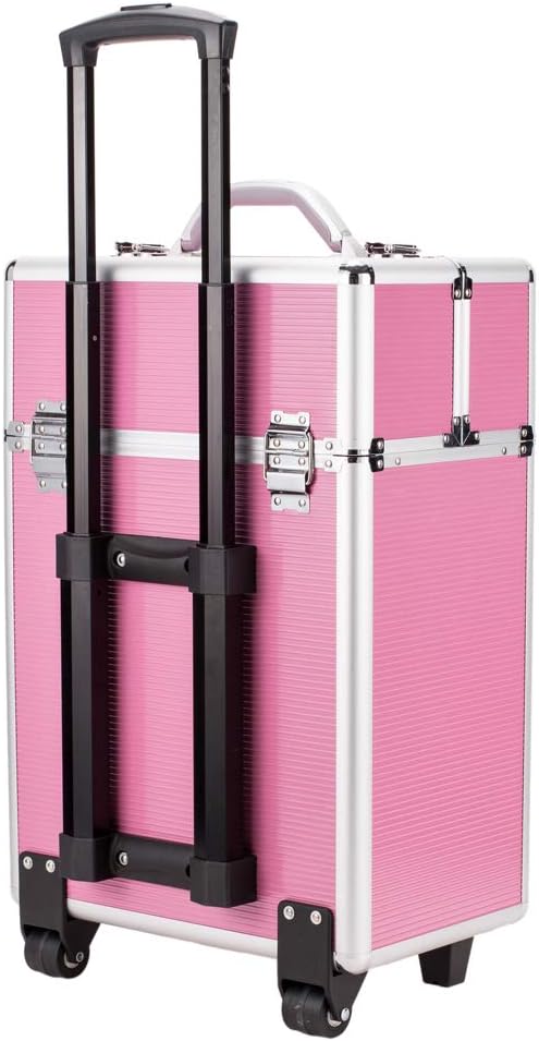 Rolling 4 Tiers Lockable Aluminum Makeup Travel Organizer Cosmetic Case Rose Pink Q185163