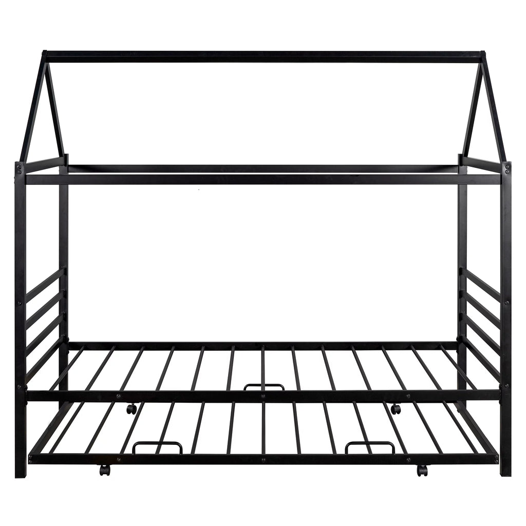 Twin Size Black Metal House Shape Platform Bed with Trundle I2663