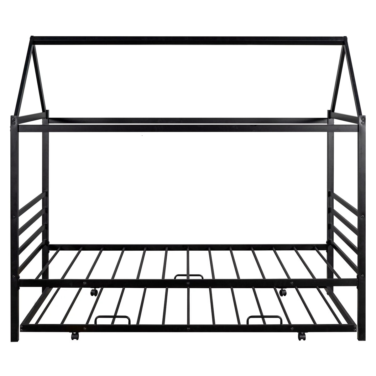 Twin Size Black Metal House Shape Platform Bed with Trundle I2663