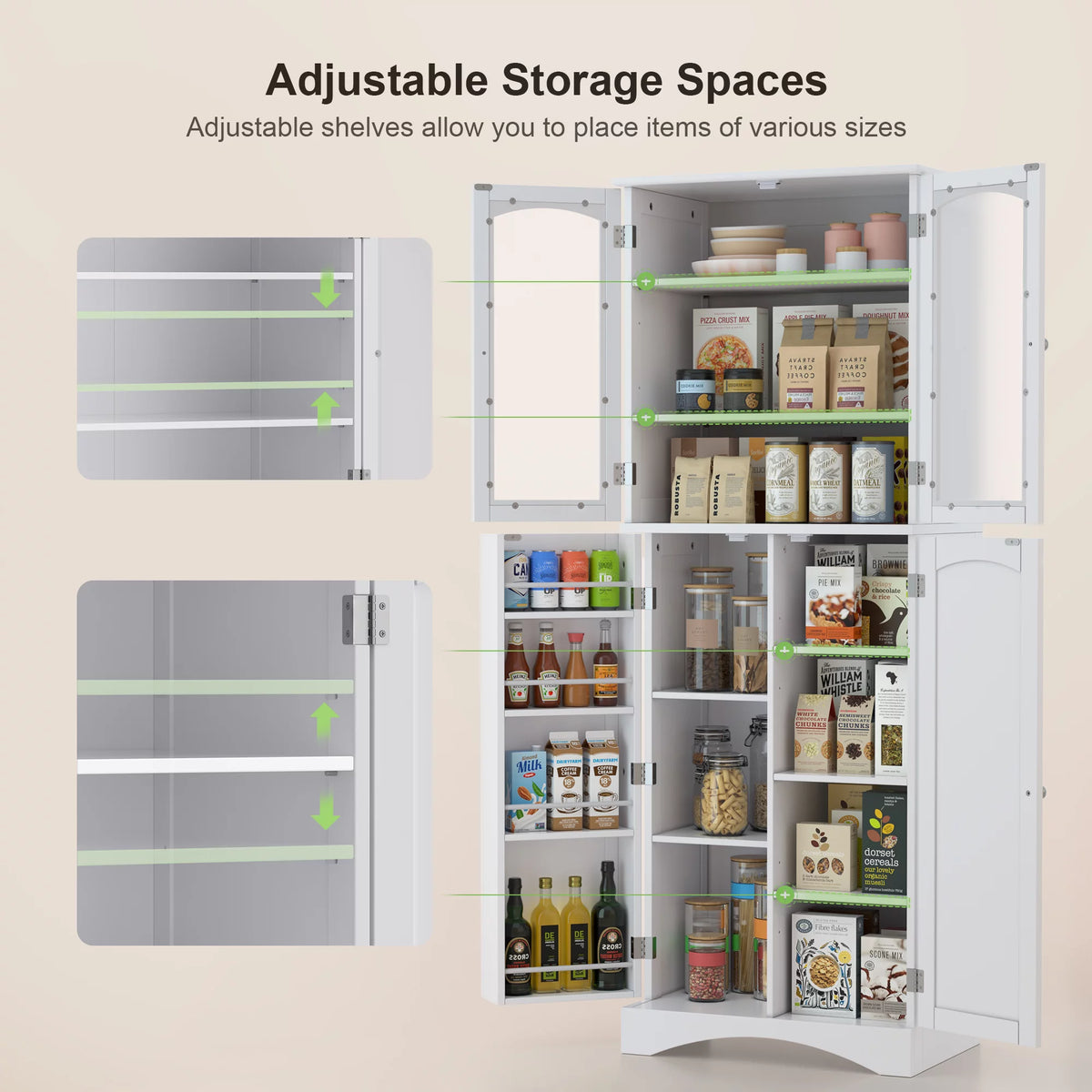64" Tall Kitchen Pantry Storage Cabinet with Glass Door, White B5691