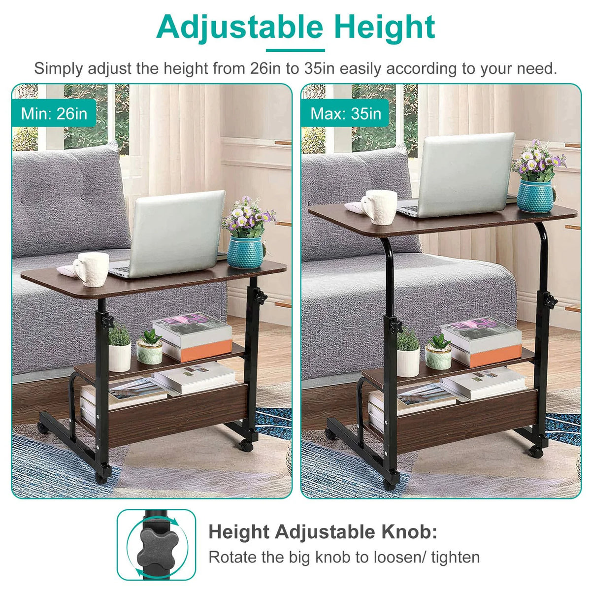 Height Adjustable Mobile Laptop Desk Cart with Lockable Wheels O95582