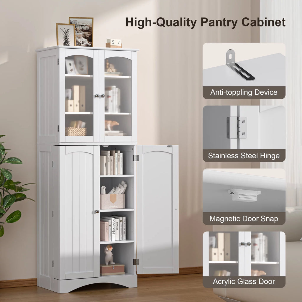 64" Tall Kitchen Pantry Storage Cabinet with Glass Door, White B5691